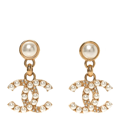 Chanel Metal Crystal Pearl CC Pendant Earrings Gold 1 of 4