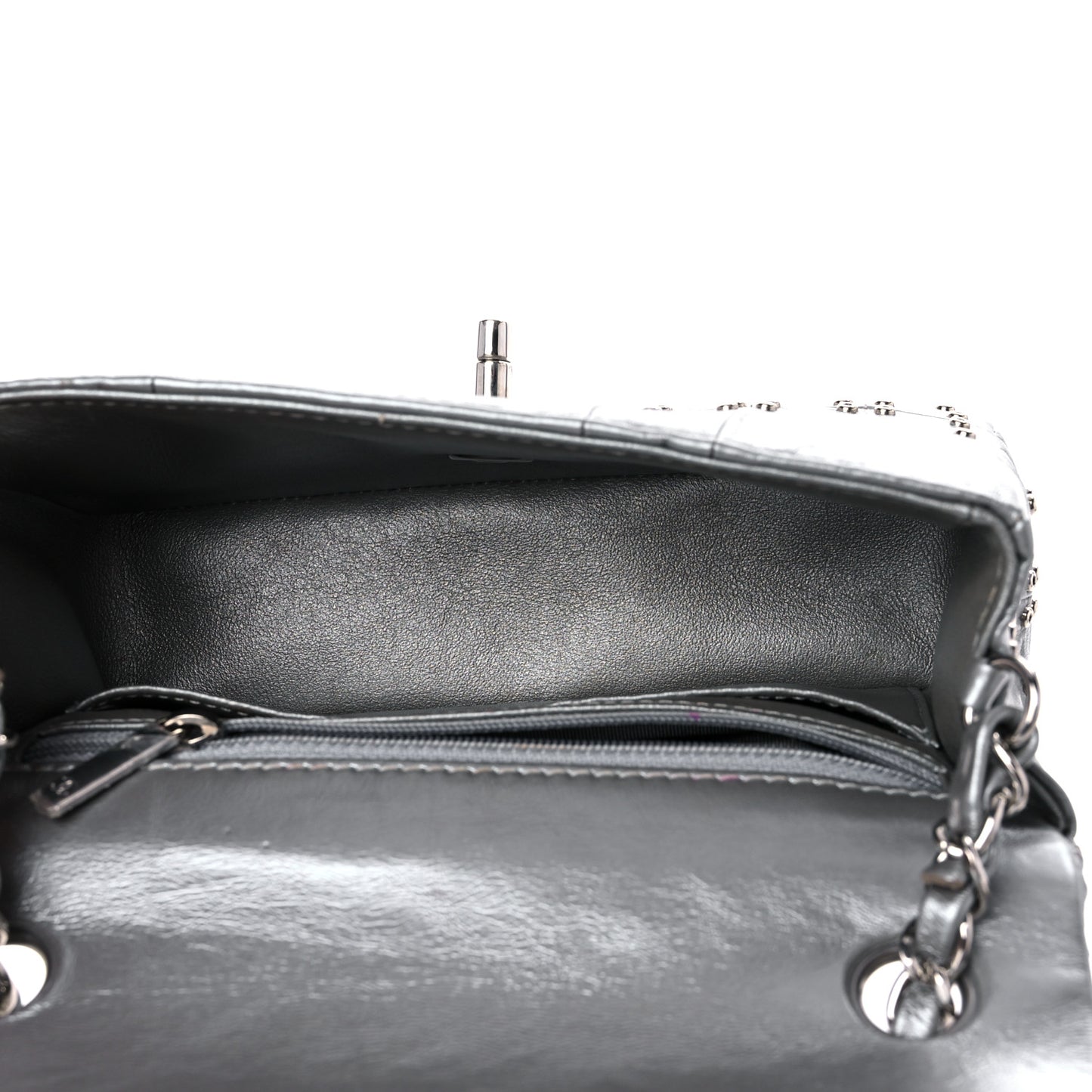 Glazed Calfskin Grommet Embellished Mini Airline Rectangular Flap Silver