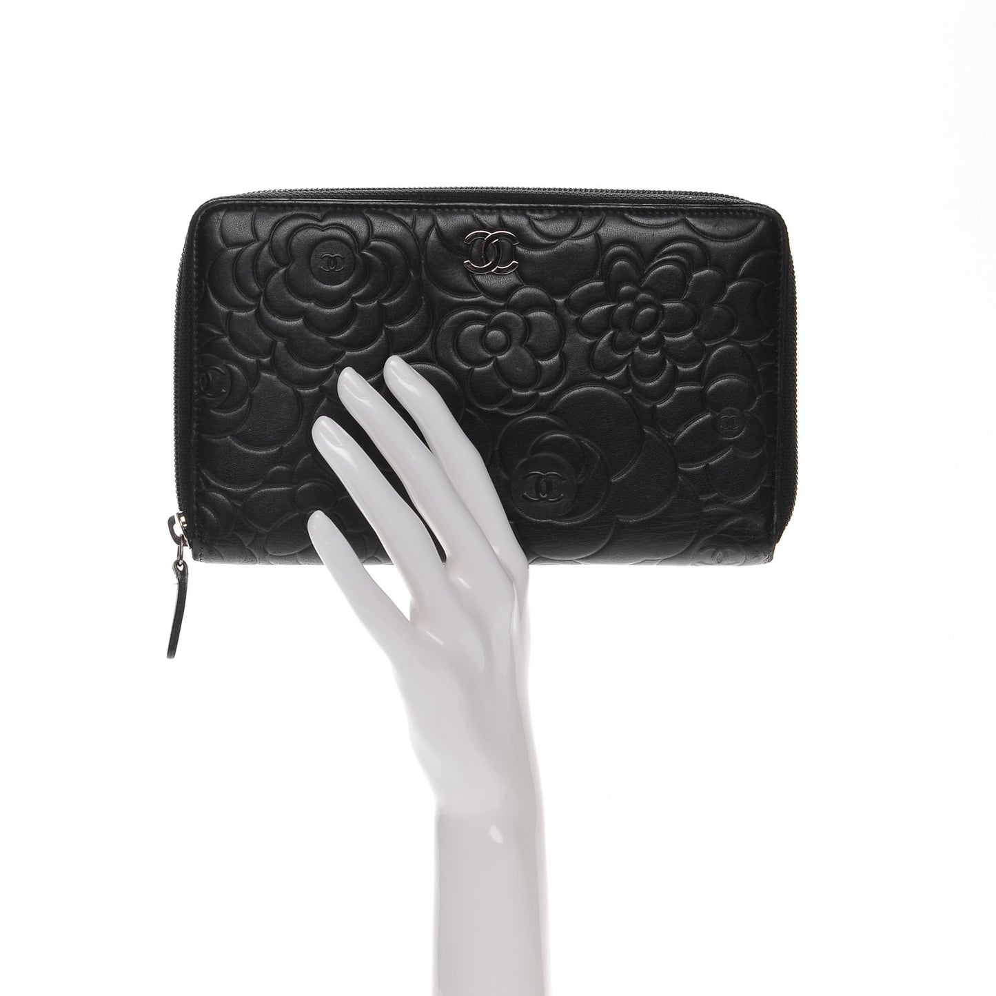 Lambskin Camellia Embossed Zip Around Organizer Wallet Black