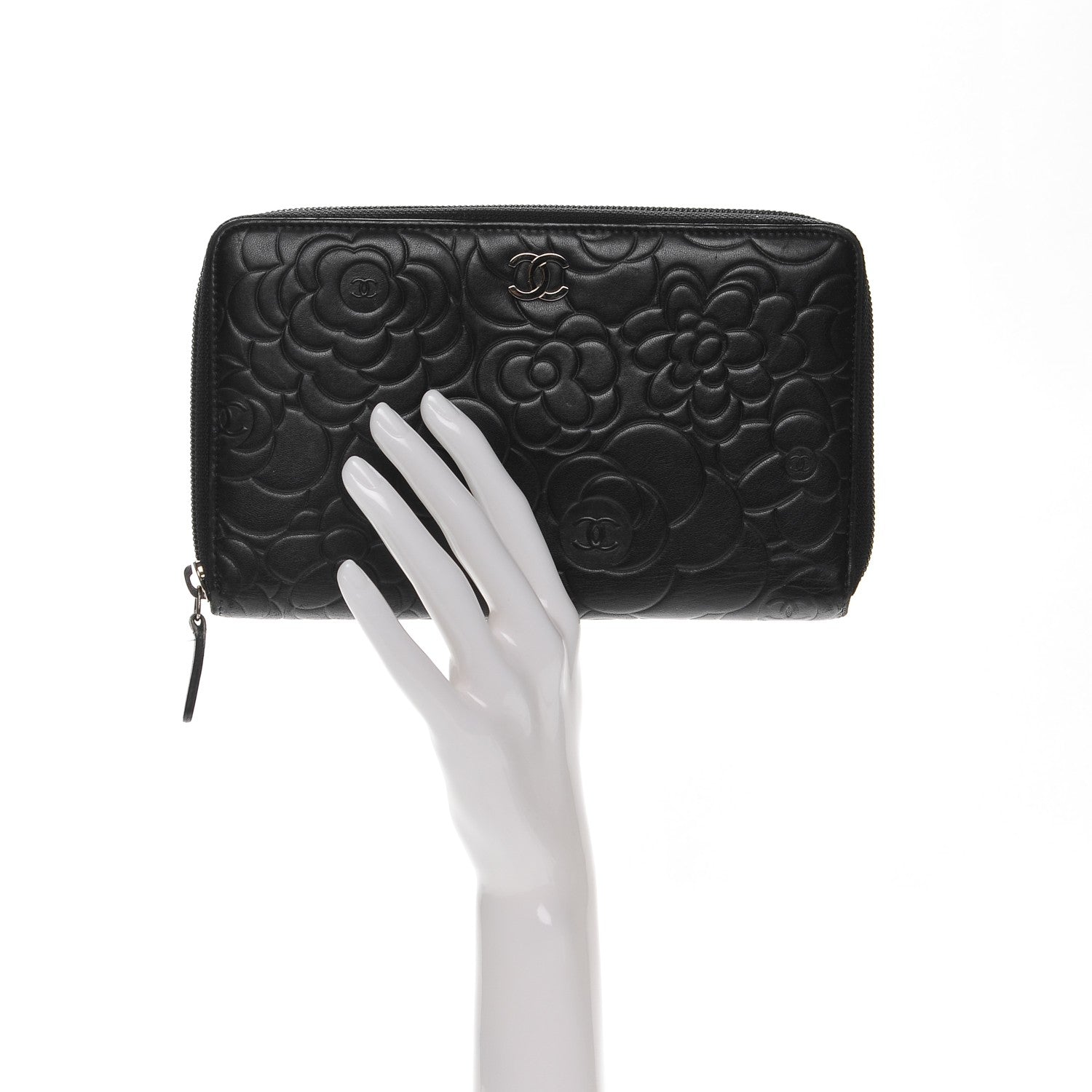 Chanel Lambskin Camellia Embossed Zip Around Organizer Wallet Black 2 of 10