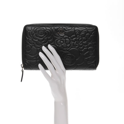 Chanel Lambskin Camellia Embossed Zip Around Organizer Wallet Black 2 of 10