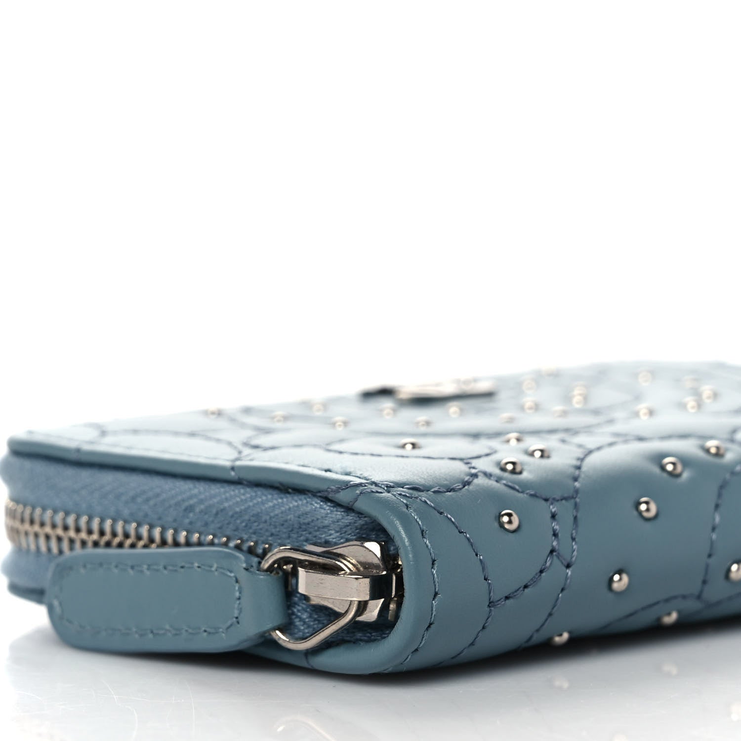 Chanel Lambskin Camellia Embossed Studded Zip Coin Purse Blue 8 of 10