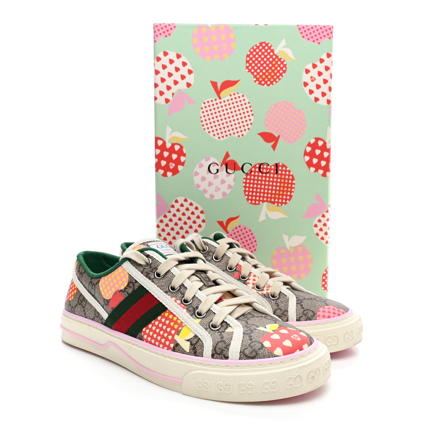 GG Supreme Monogram Les Pommes Web Womens 1977 Tennis Sneakers 38 Beige Ebony Mystic White