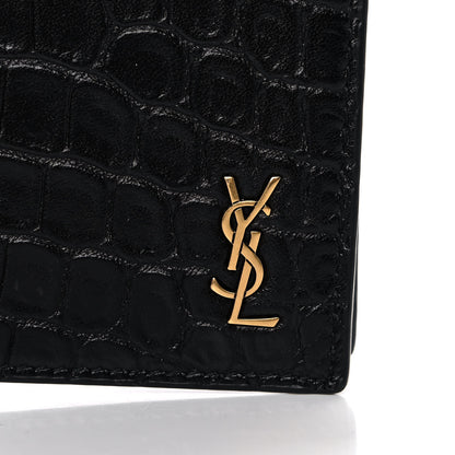 Saint Laurent Calfskin Crocodile Embossed Tiny Monogram Bill Clip Wallet Black 8 of 10