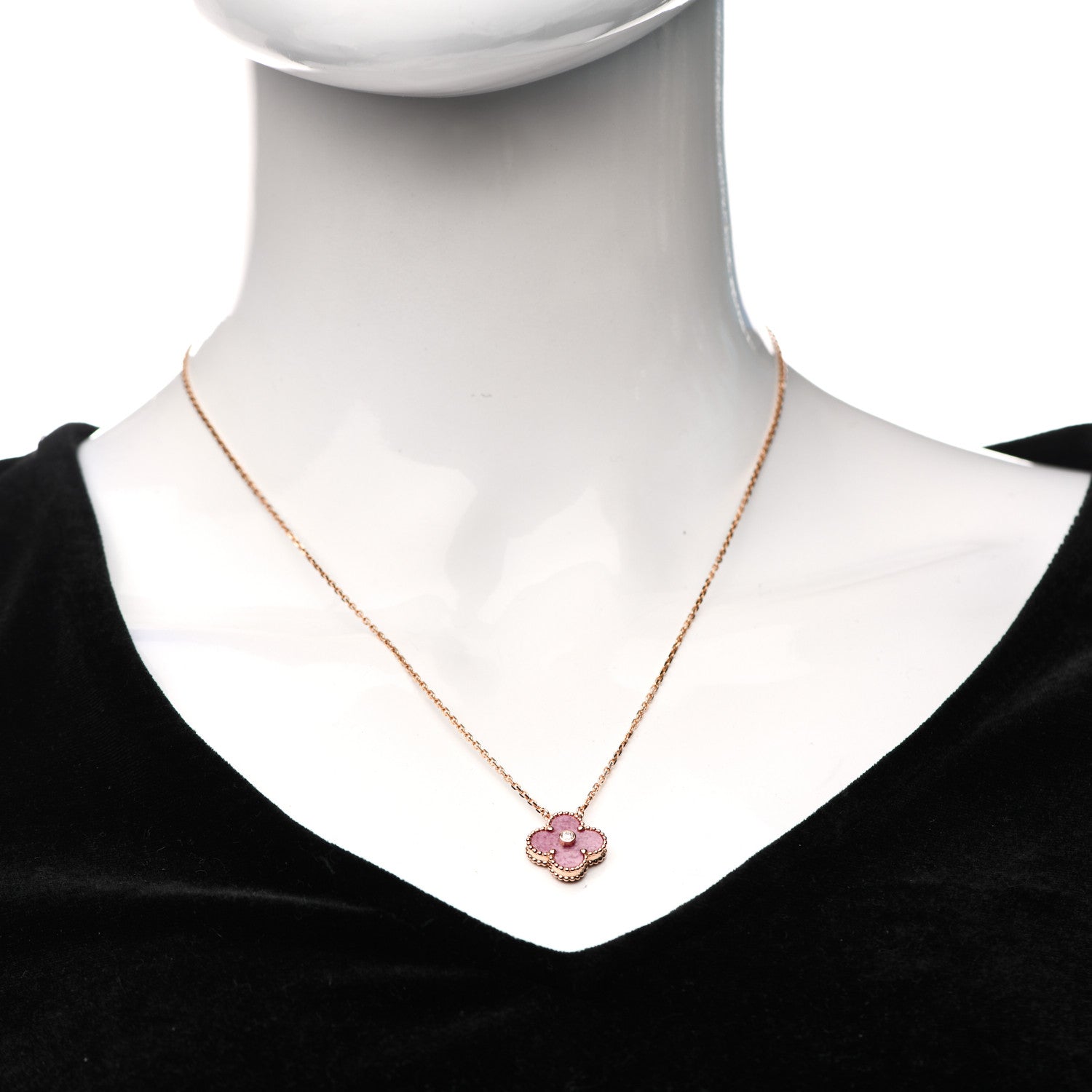 Van Cleef & Arpels 18K Rose Gold Diamond Rhodonite Vintage Alhambra Pendant Necklace 2 of 7