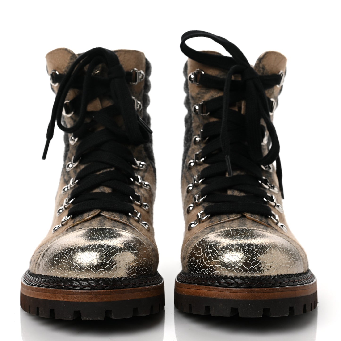 Tweed Flannel Calfskin Quilted Lace Up Boots 38.5 Beige Black