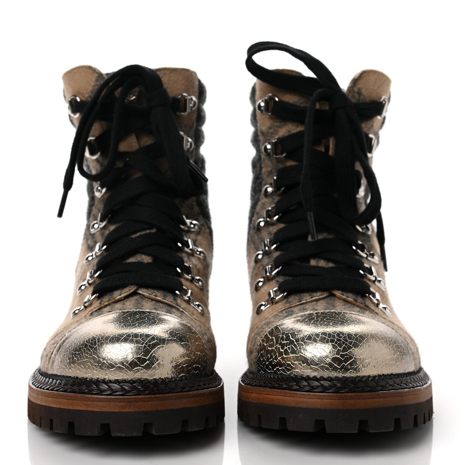 Chanel Tweed Flannel Calfskin Quilted Lace Up Boots 38.5 Beige Black 2 of 9