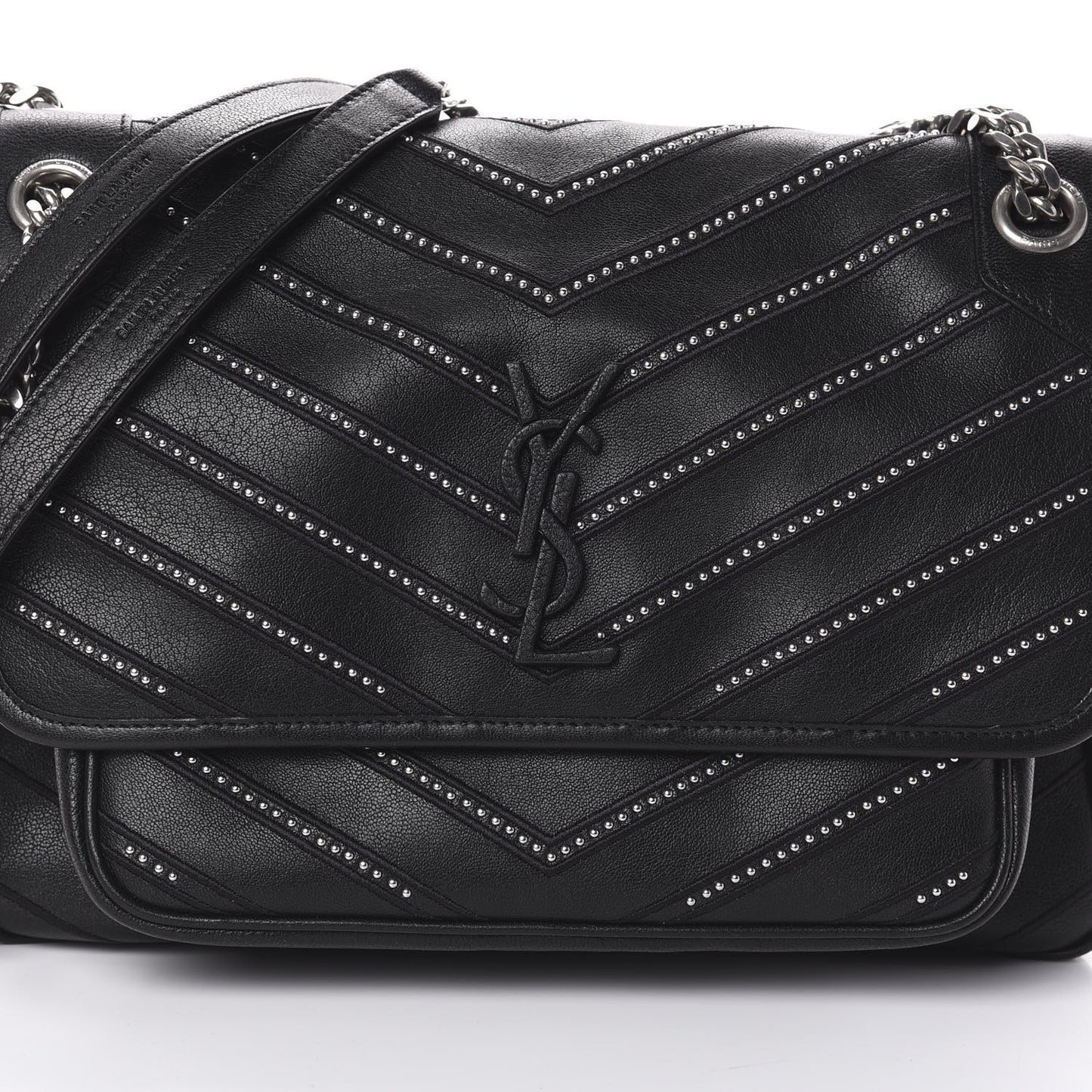 Lambskin Matelasse Monogram Microstud Medium Niki Chain Satchel Black