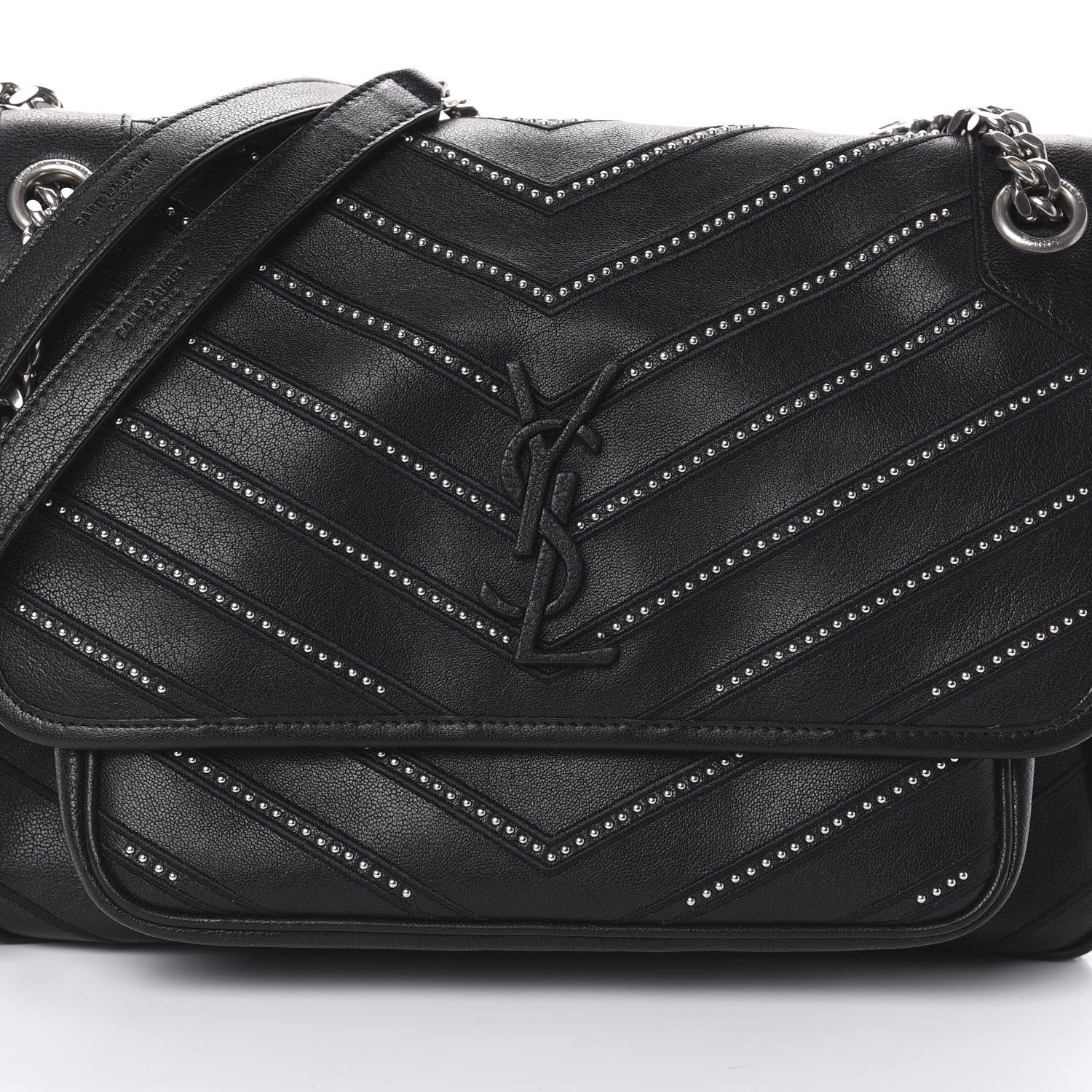 Saint Laurent Lambskin Matelasse Monogram Microstud Medium Niki Chain Satchel Black 7 of 9