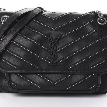 Saint Laurent Lambskin Matelasse Monogram Microstud Medium Niki Chain Satchel Black 7 of 9