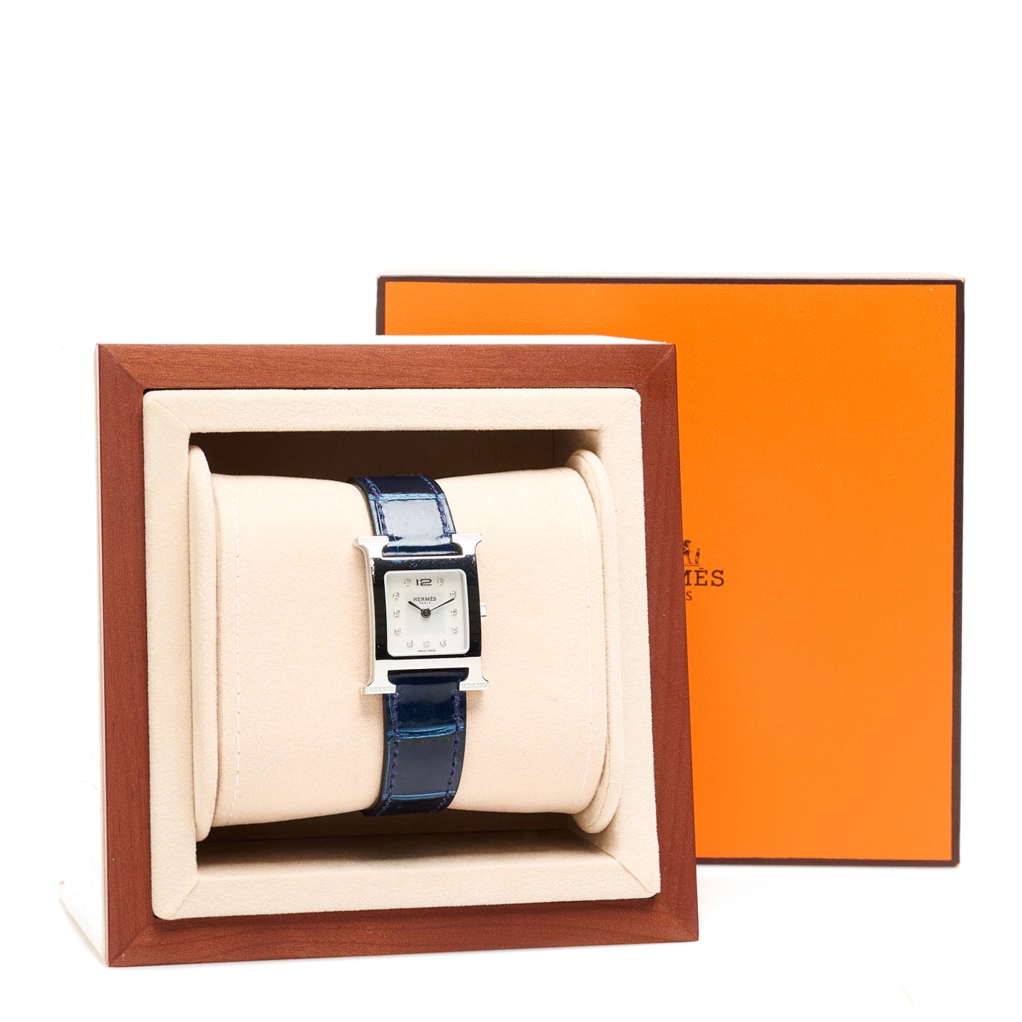 Stainless Steel Alligator Diamond Mother of Pearl 21mm Heure H Hour Quartz Watch Bleu Saphir