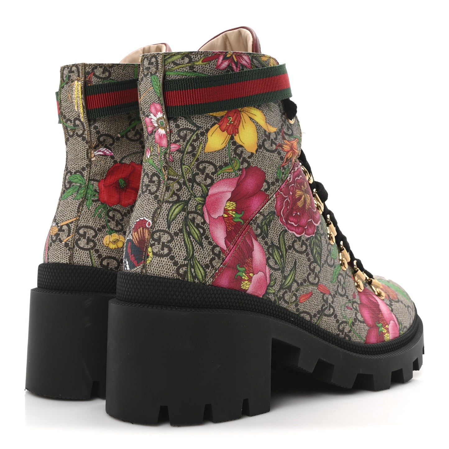 GG Supreme Monogram Flora Lace Up Combat Ankle Boots 37.5 Beige Multicolor Red