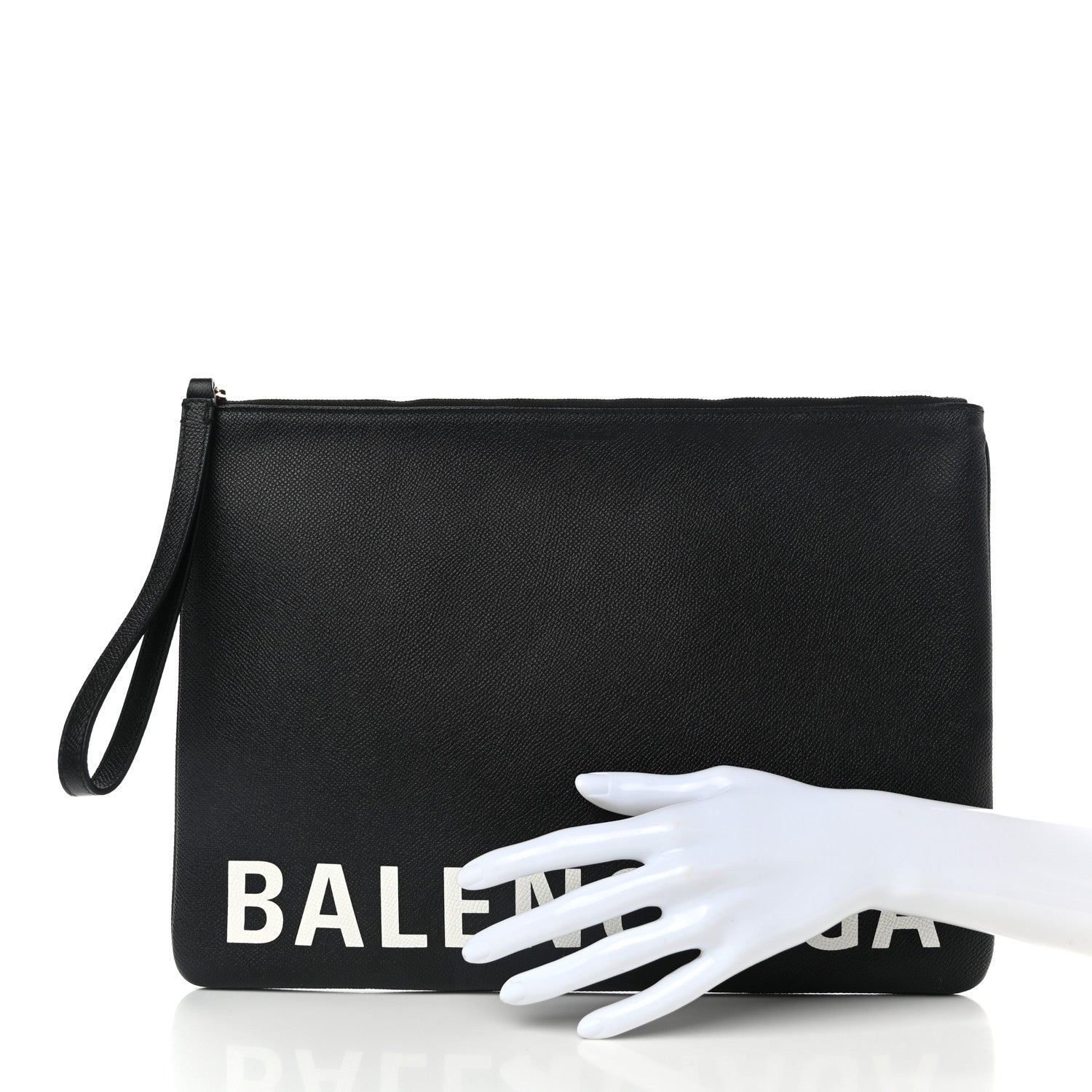 Balenciaga Textured Calfskin Logo Large Cash Pouch With Handle Black White 2 of 6