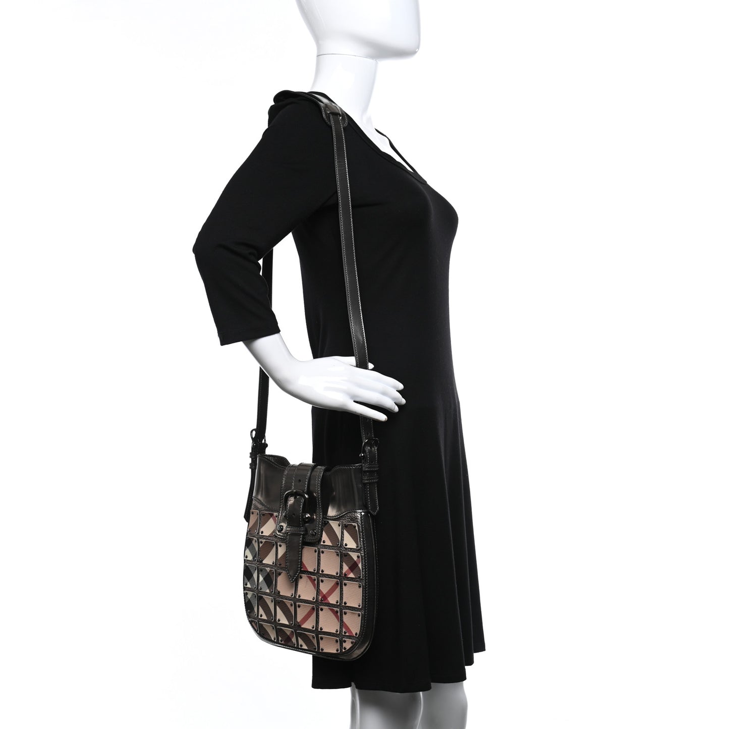 Metallic Patent Studded Nova Check Patchwork Crossbody Pewter