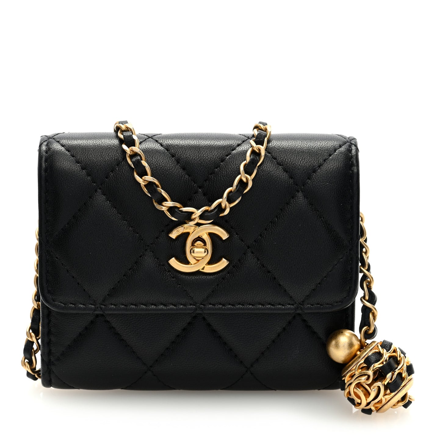 Lambskin Quilted Pearl Crush Card Holder With Chain Black