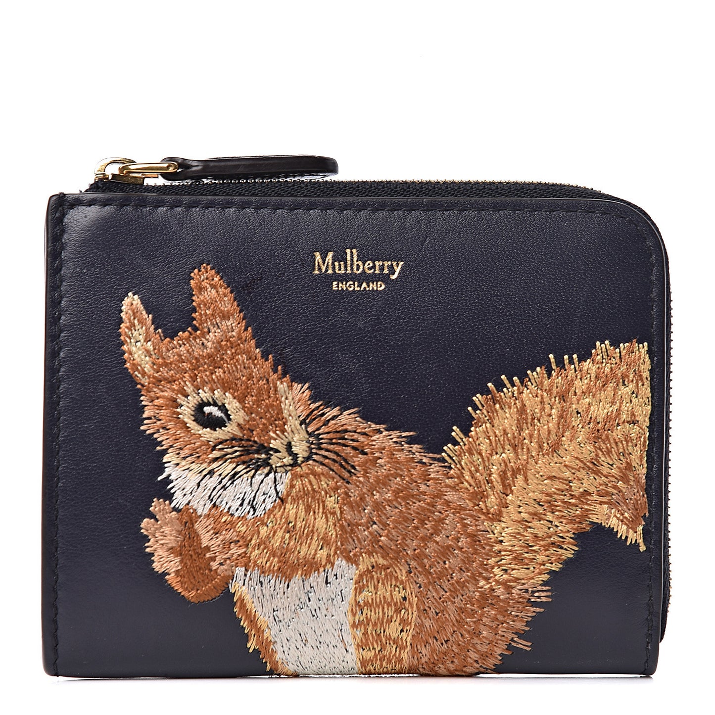 Smooth Calfskin Squirrel Embroidered Part Zip Coin Pouch Navy