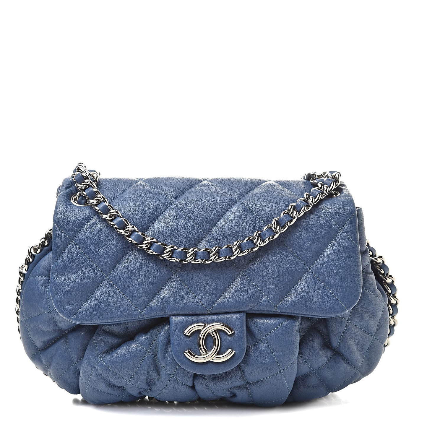 Washed Lambskin Quilted Medium Chain Around Flap Blue