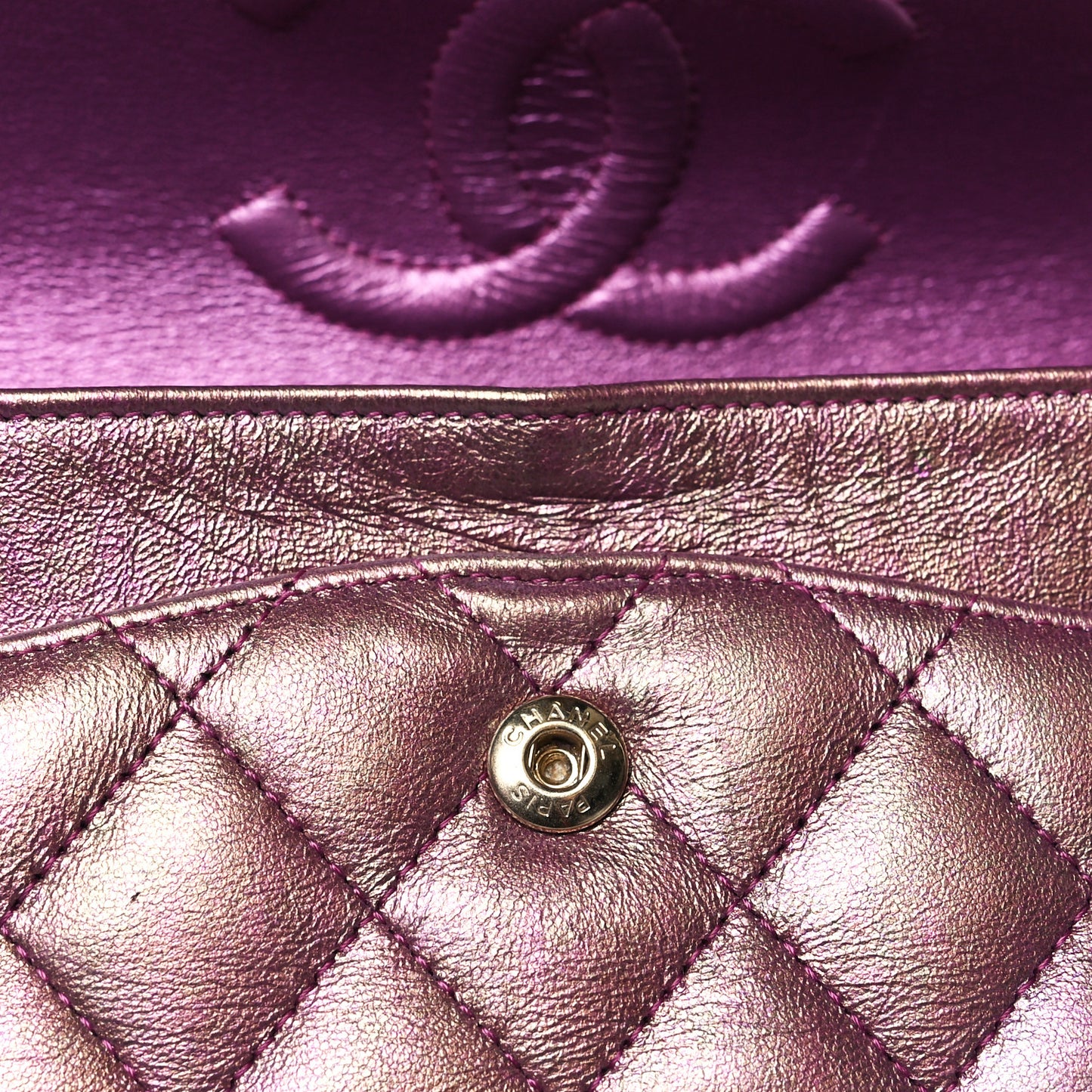 Iridescent Lambskin Quilted Medium Double Flap Purple