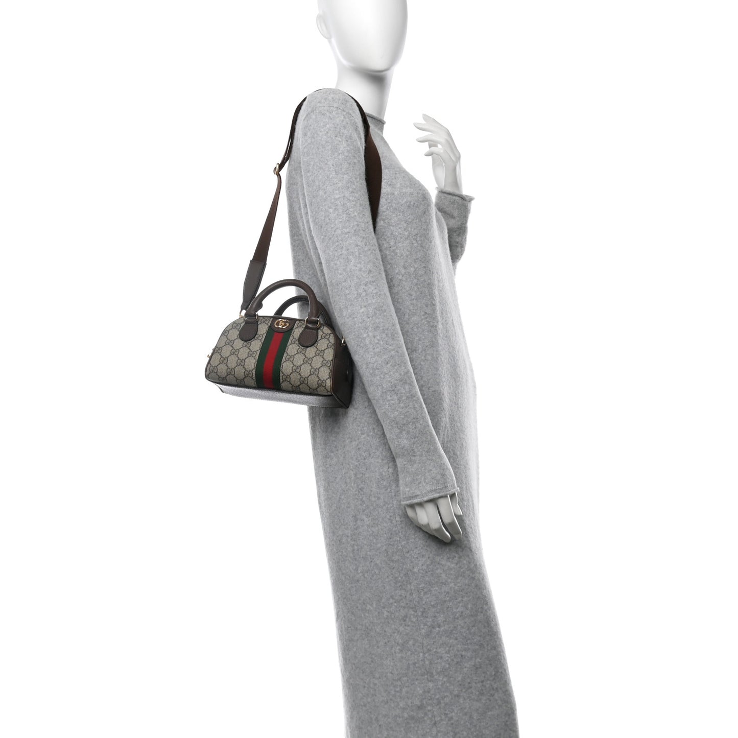 GG Supreme Monogram Textured Dollar Calfskin Web Mini Ophidia Top Handle Bowler Bag Beige Ebony New Acero