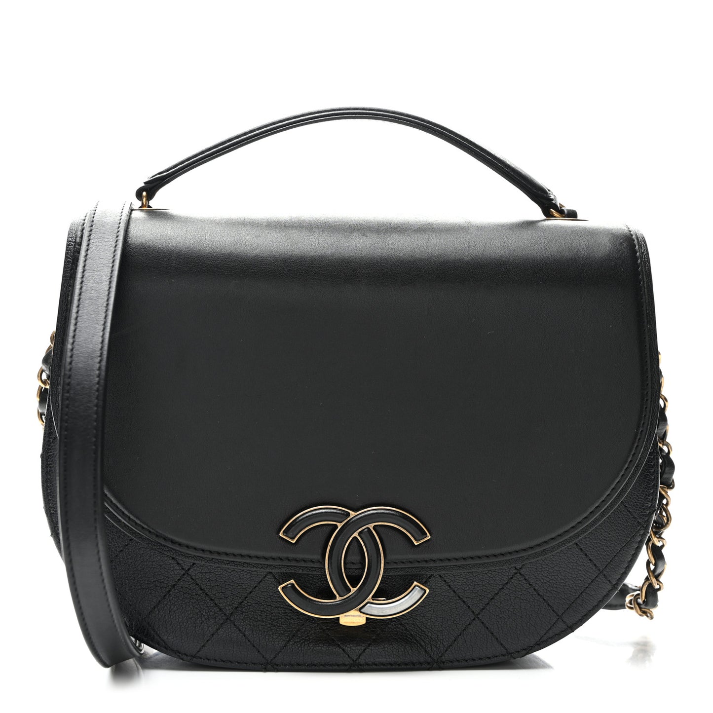 Shiny Calfskin Goatskin Quilted Medium Coco Curve Messenger Flap Black