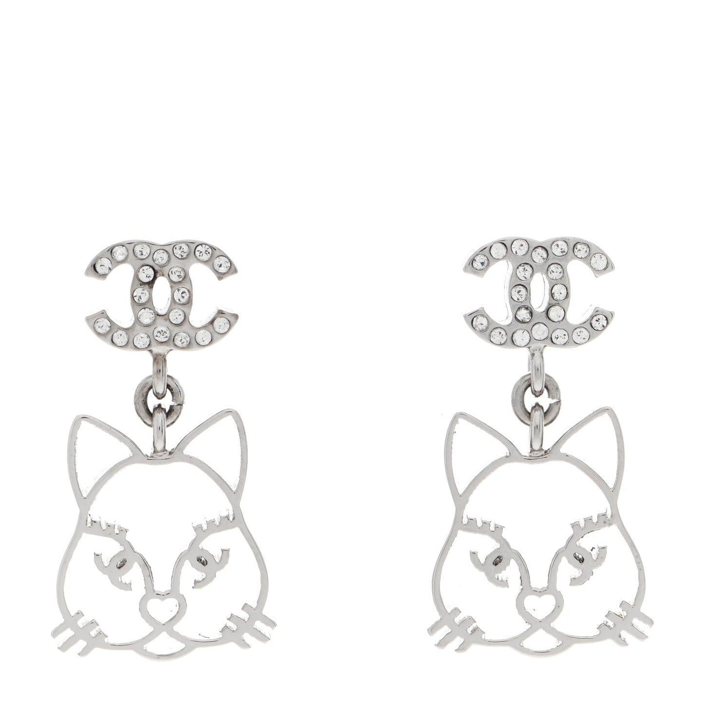 Crystal Emoji Choupette Cat CC Earrings Silver