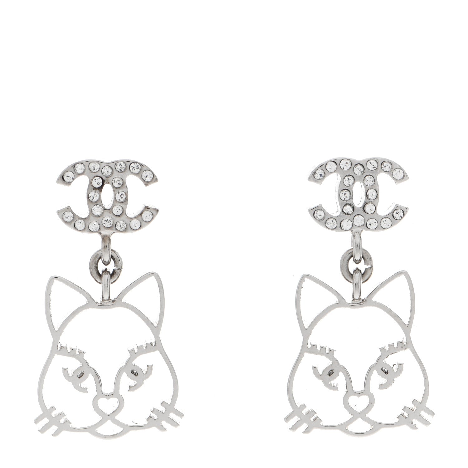 Chanel Crystal Emoji Choupette Cat CC Earrings Silver 1 of 6