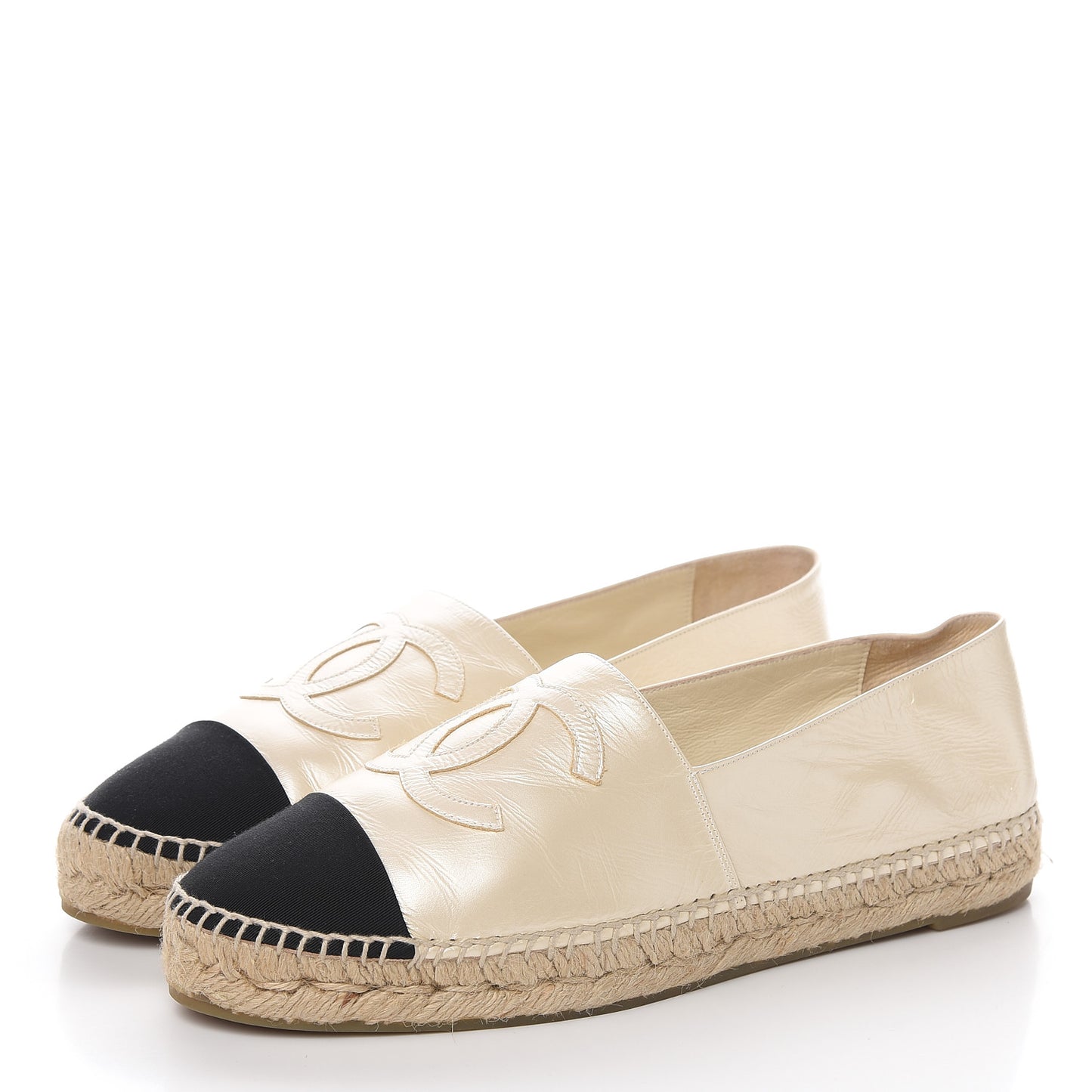 Metallic Calfskin Grosgrain CC Espadrilles 41 Ivory Black