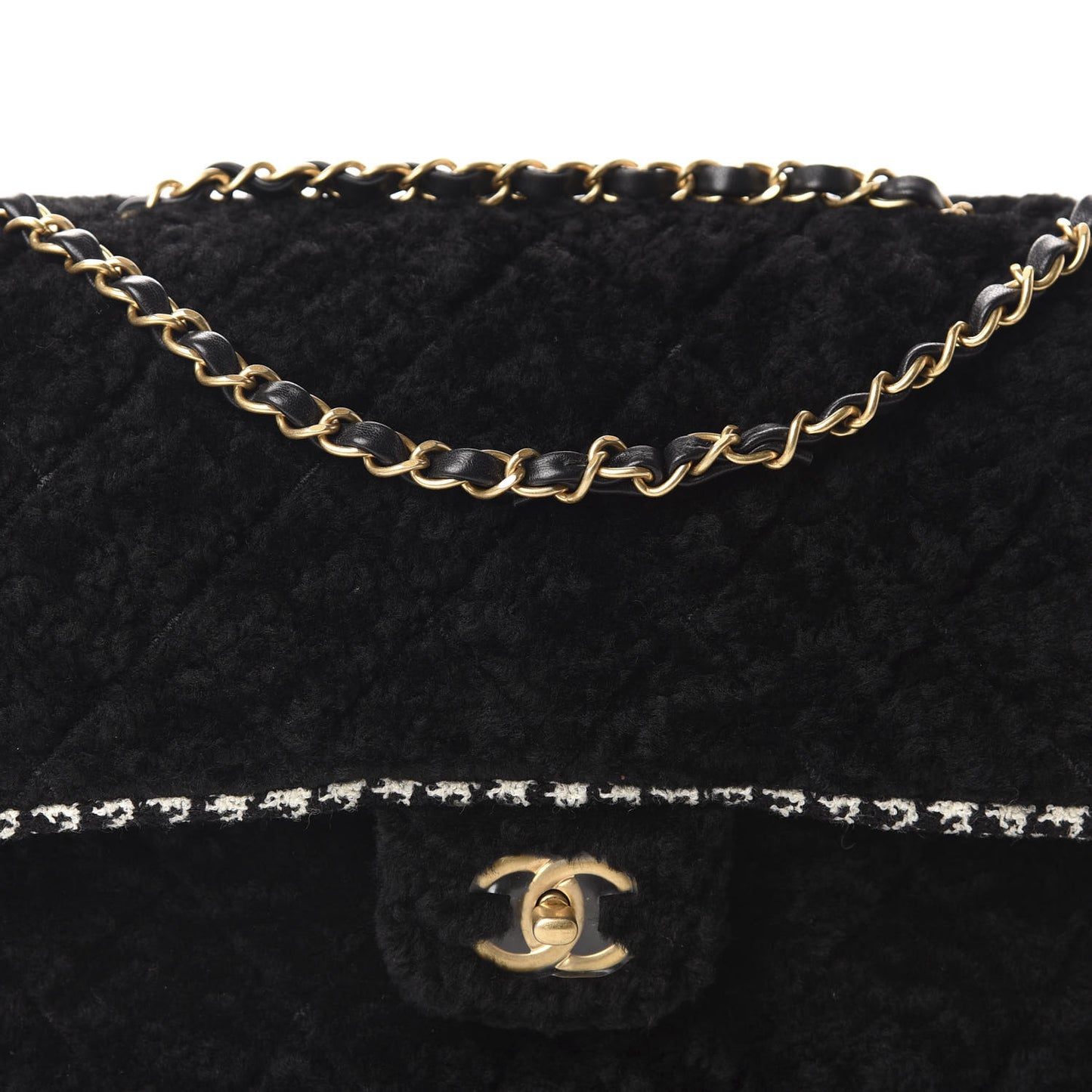 Shearling Tweed Jumbo Single Flap Black White