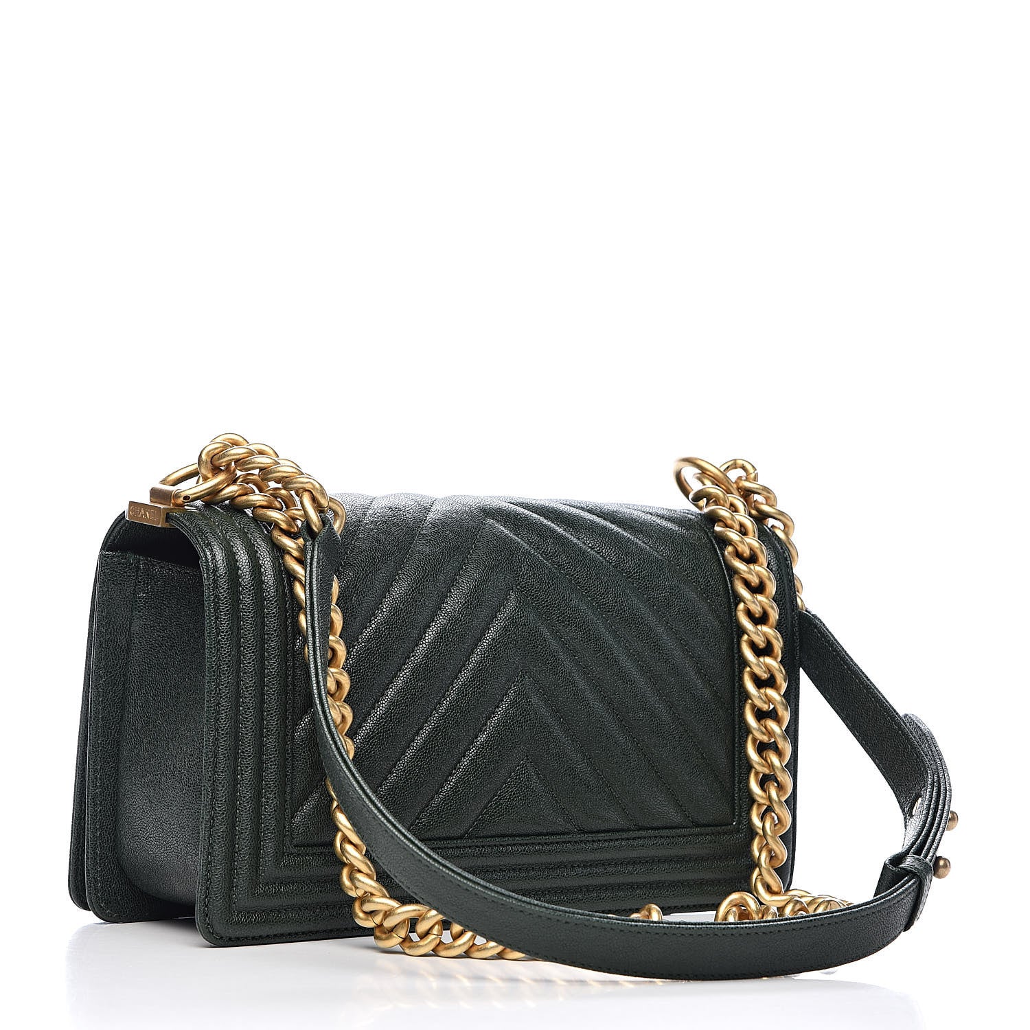 Chanel Caviar Chevron Quilted Medium Boy Flap Dark Green 3 of 11