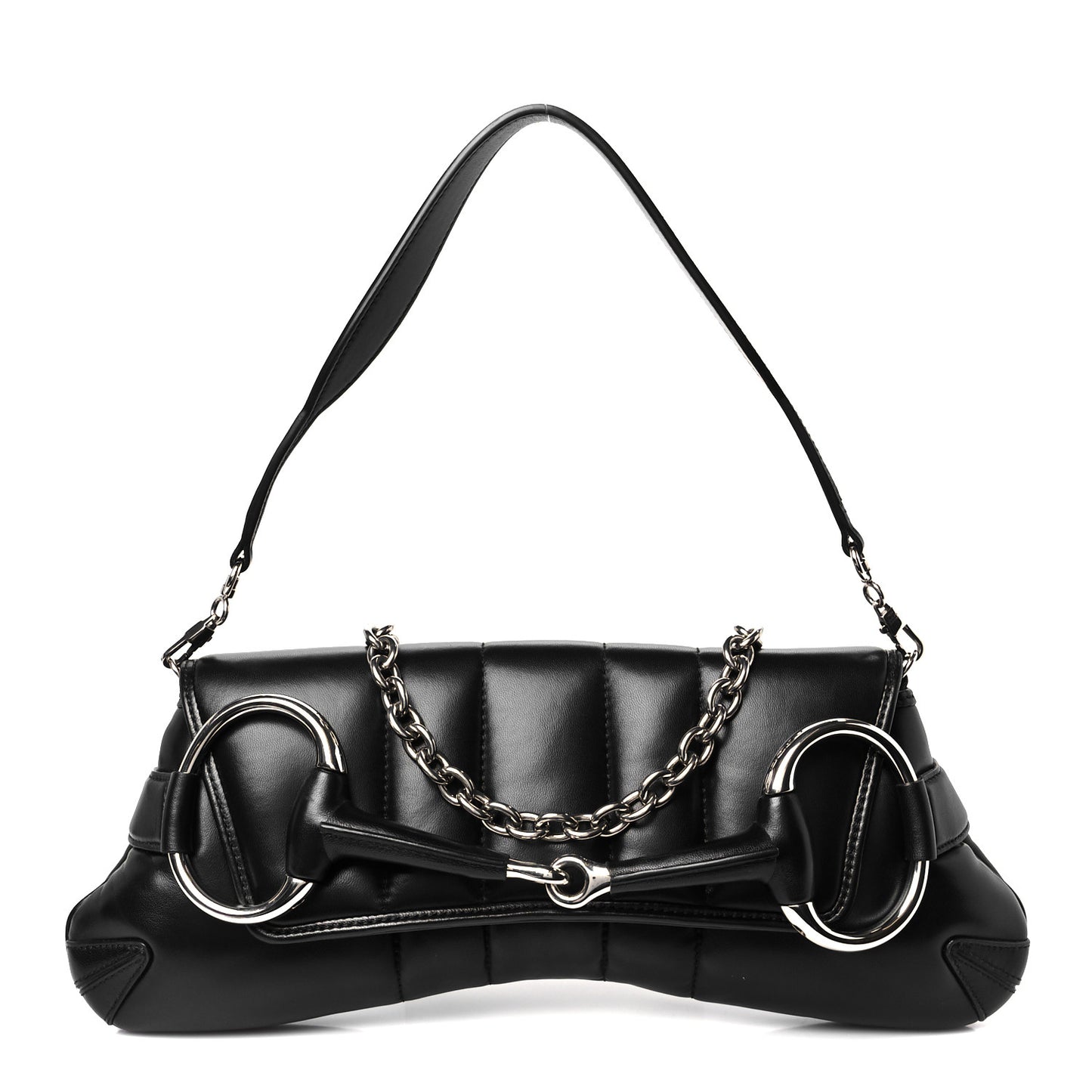 Nappa Vertical Matelasse Medium Maxi Horsebit Chain Shoulder Bag Black