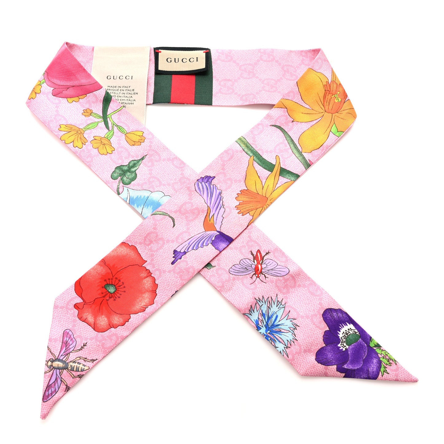 Silk Twill GG Monogram Floral Print Neck Bow Scarf Roseate