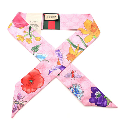 Gucci Silk Twill GG Monogram Floral Print Neck Bow Scarf Roseate 1 of 5