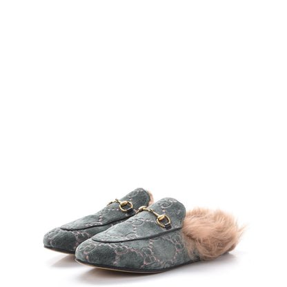 Gucci Velvet GG Monogram Fur Womens Princetown Slippers 37.5 Avio Dusty Pink 3 of 8