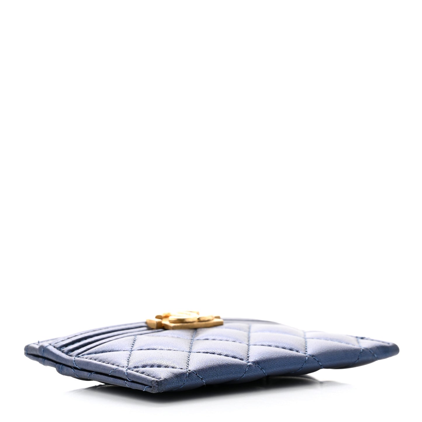 Metallic Lambskin Quilted Boy Card Holder Navy Blue