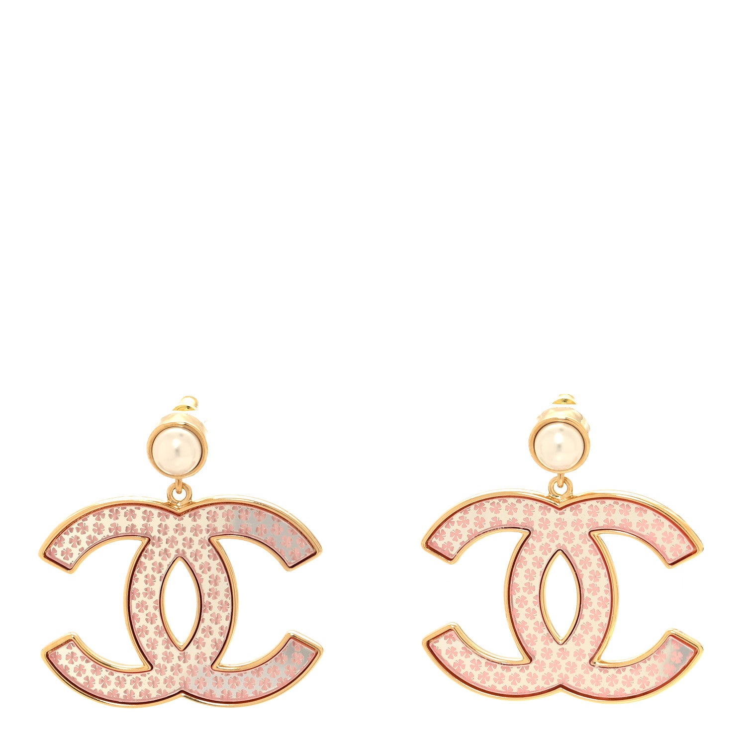 Chanel Mirror Pearl CC Drop Earrings Gold Pink 1 of 5