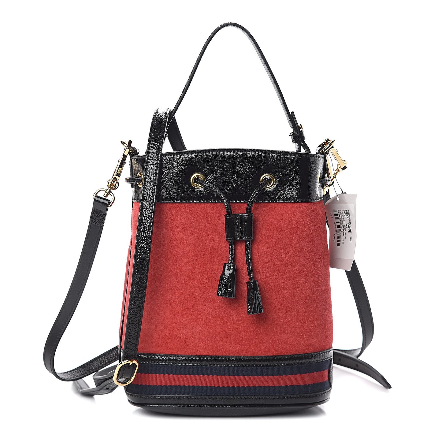 Suede Patent Web Small Ophidia Bucket Bag Hibiscus Red Black