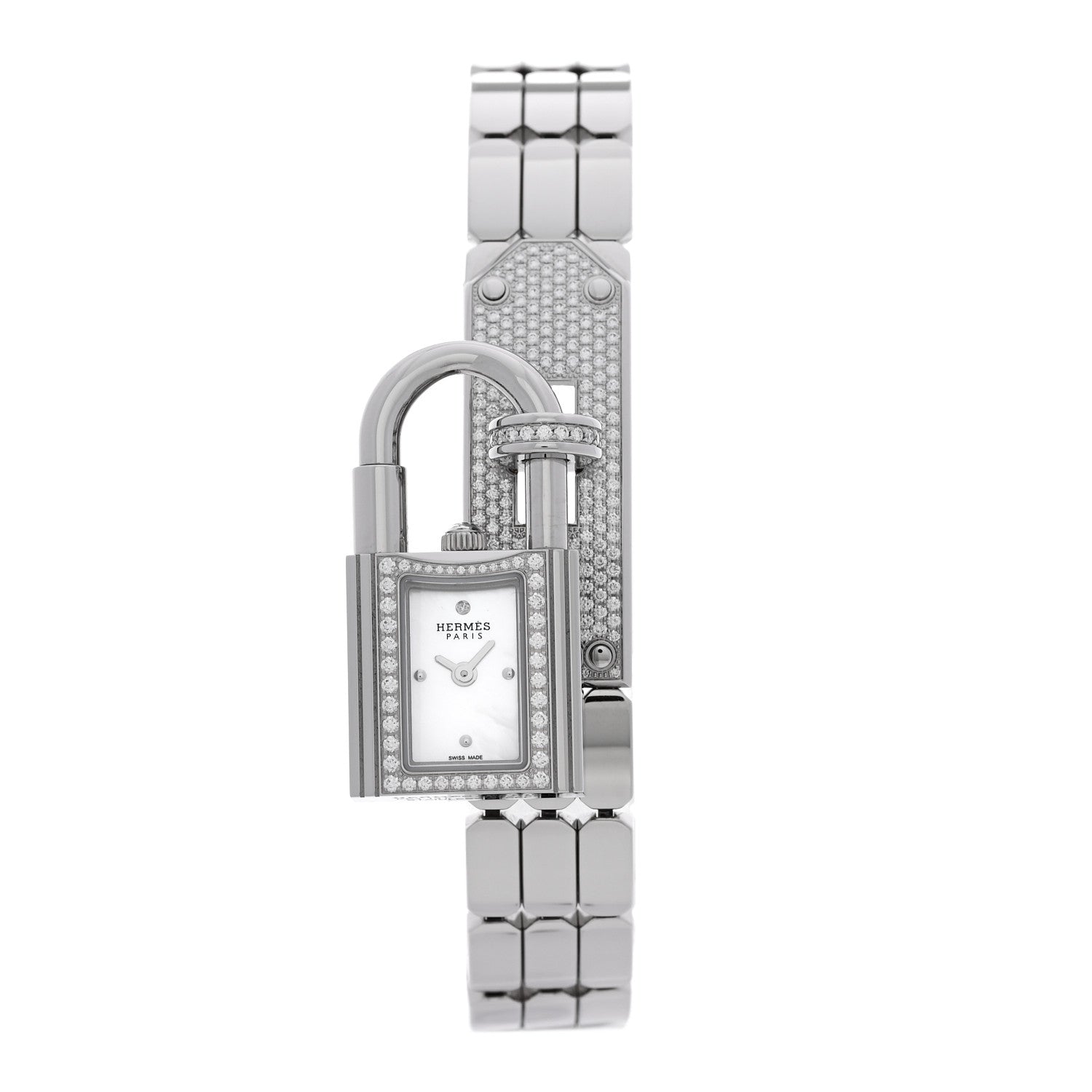 Hermes Stainless Steel Diamond Pave 16mm Kelly Quartz Watch 1 of 6