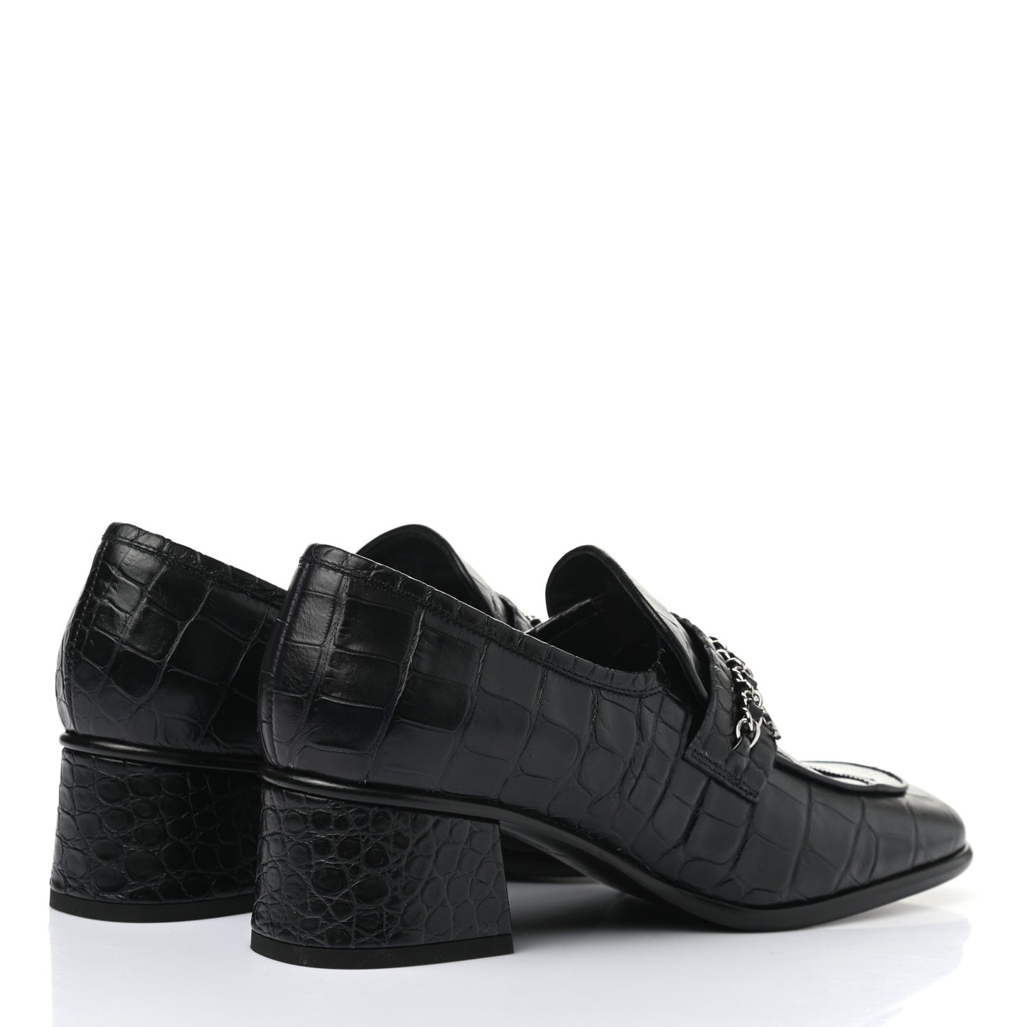 Calfskin Crocodile Embossed CC Chain Mocassin Loafers 37.5 Navy Black