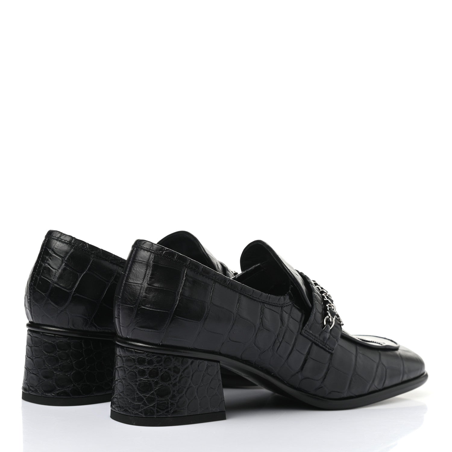 Chanel Calfskin Crocodile Embossed CC Chain Mocassin Loafers 37.5 Navy Black 4 of 8