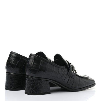 Chanel Calfskin Crocodile Embossed CC Chain Mocassin Loafers 37.5 Navy Black 4 of 8