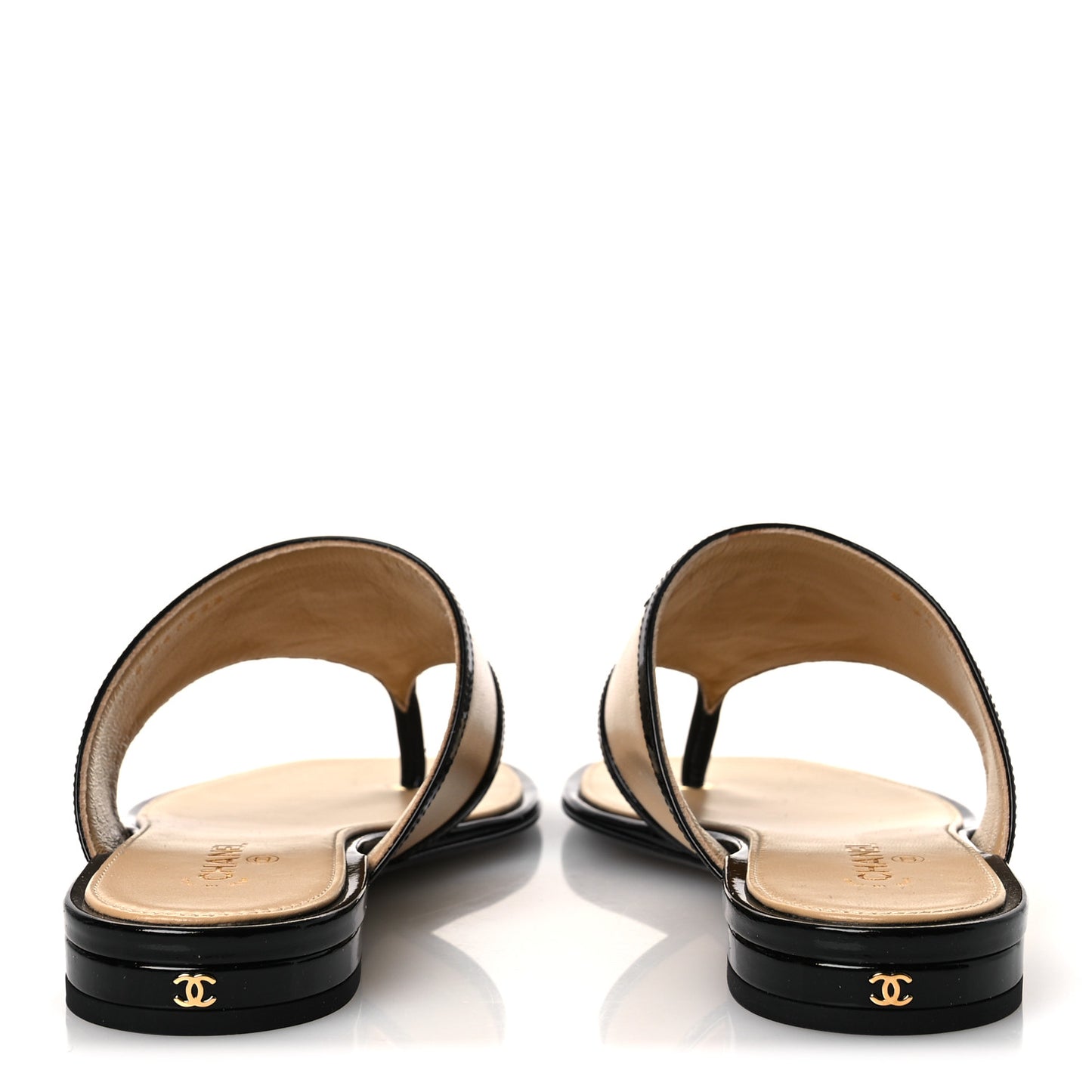 Lambskin Patent Calfskin CC Thong Sandals 38 Beige Black