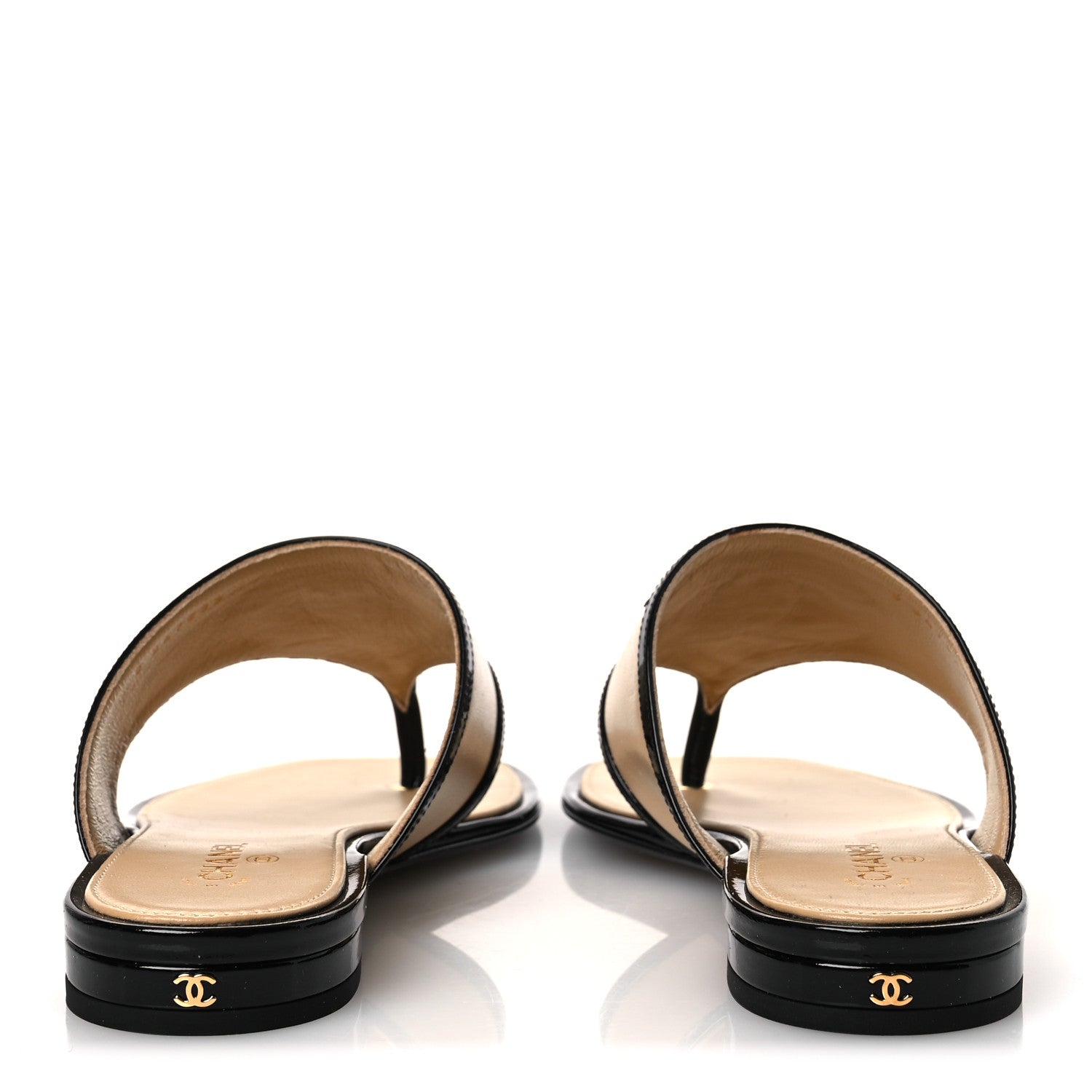 Chanel Lambskin Patent Calfskin CC Thong Sandals 38 Beige Black 6 of 11