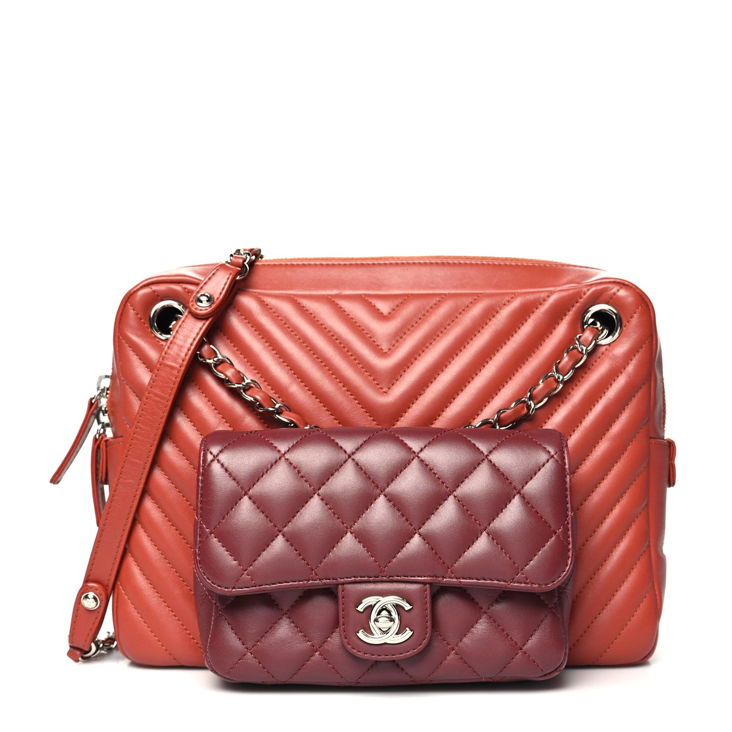 Calfskin Chevron Quilted Double Camera Bag With Flap Red