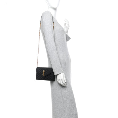 Saint Laurent Grain De Poudre Matelasse Chevron Monogram Envelope Chain Wallet Black 2 of 9