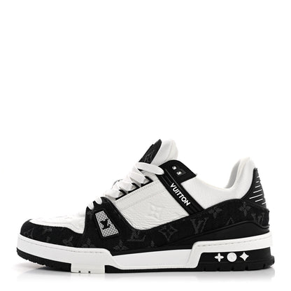 Louis Vuitton Calfskin Monogram Denim Mens LV Trainer Sneakers 9 Black 1 of 10