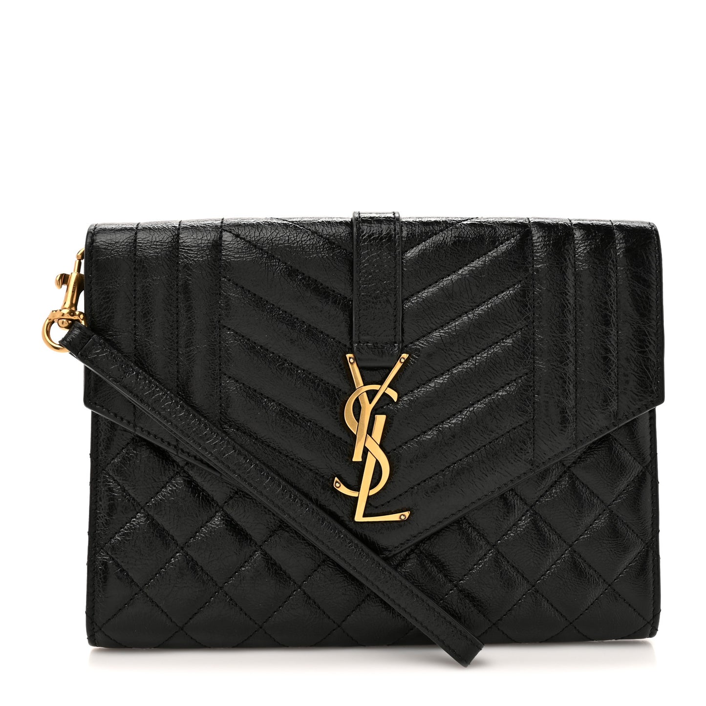 Crinkled Calfskin Mixed Matelasse Triquilt Monogram Clutch Black