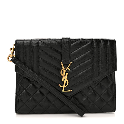 Saint Laurent Crinkled Calfskin Mixed Matelasse Triquilt Monogram Clutch Black 1 of 9