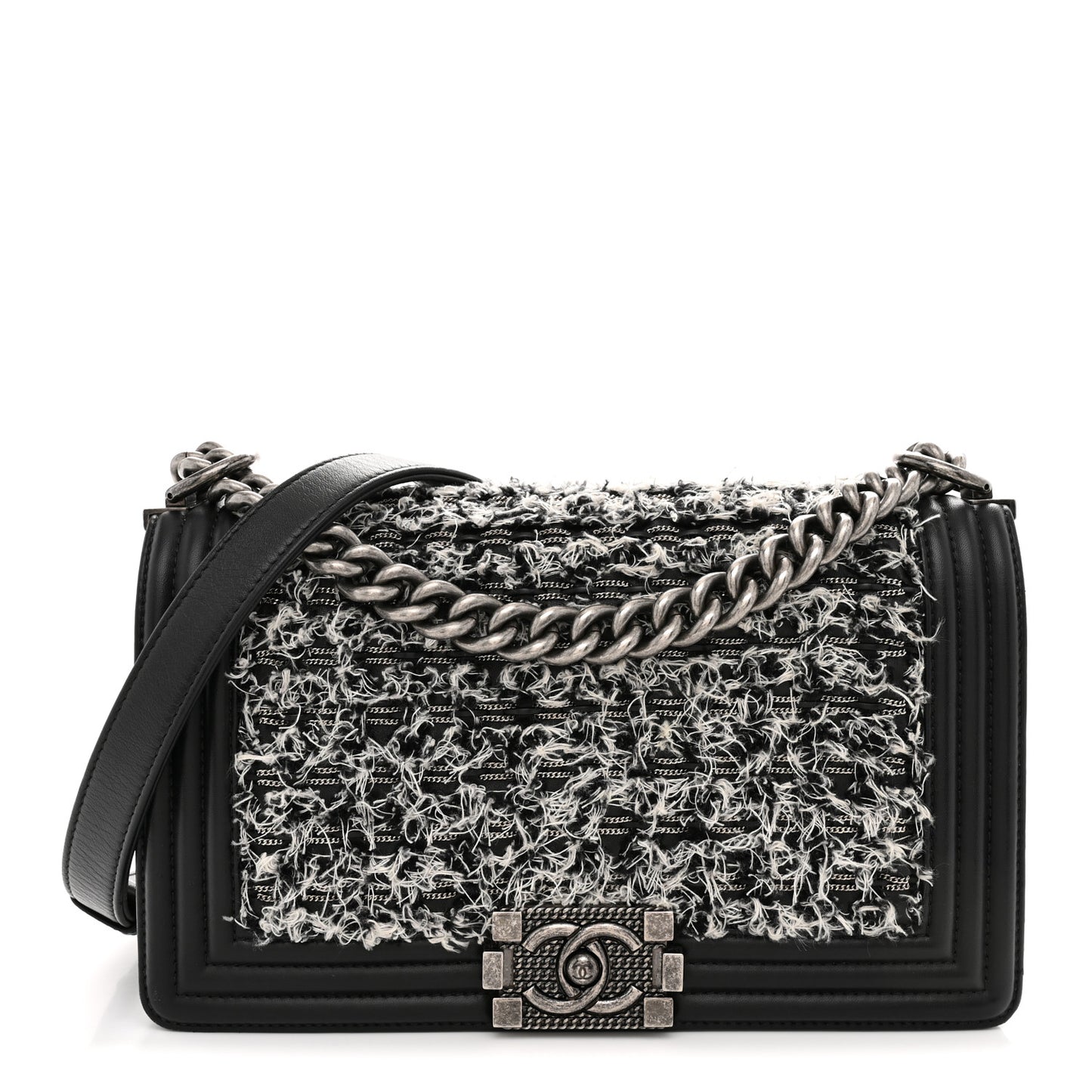 Tweed Calfskin Medium Boy Flap Black White