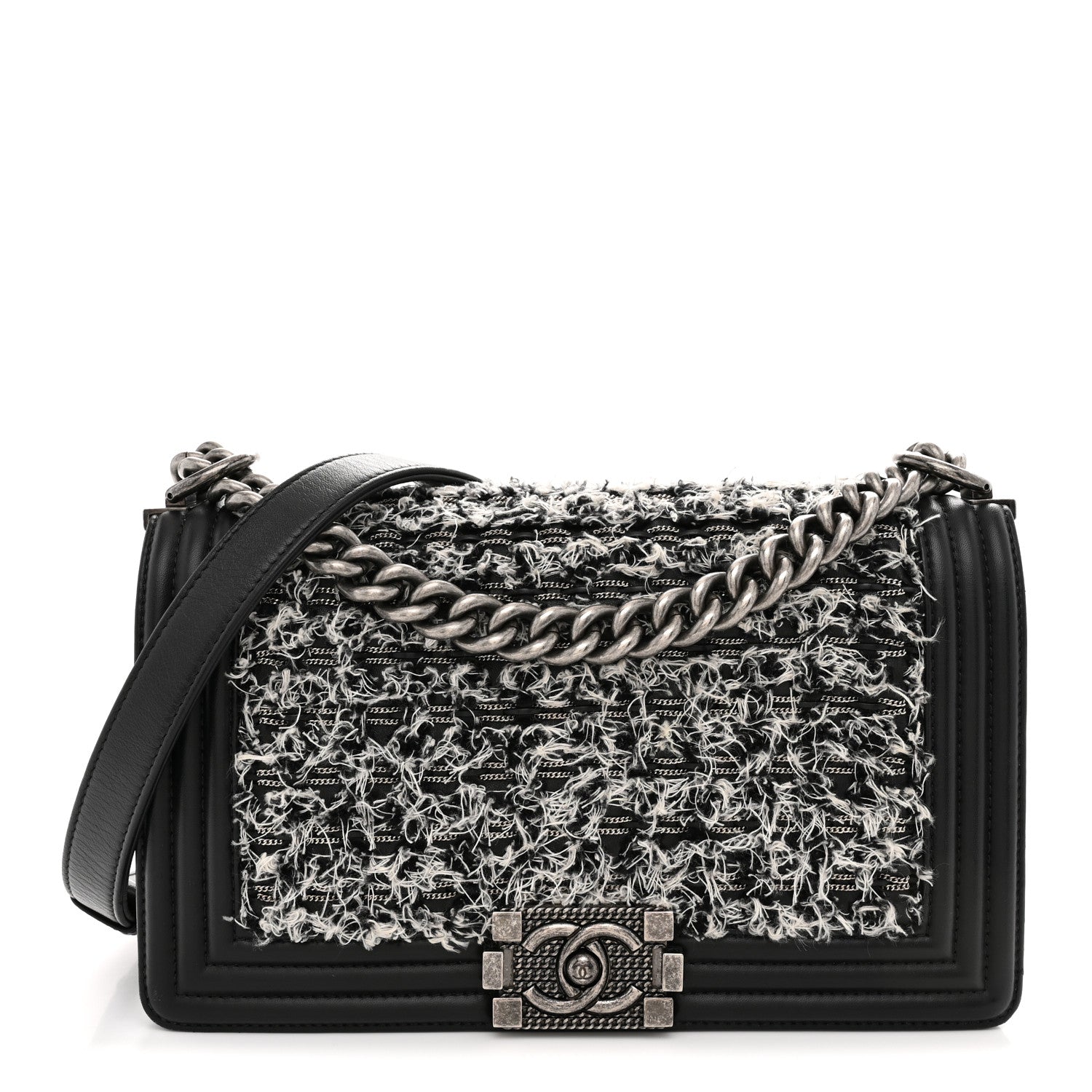 Chanel Tweed Calfskin Medium Boy Flap Black White 1 of 11