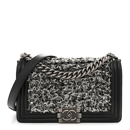 Chanel Tweed Calfskin Medium Boy Flap Black White 1 of 11